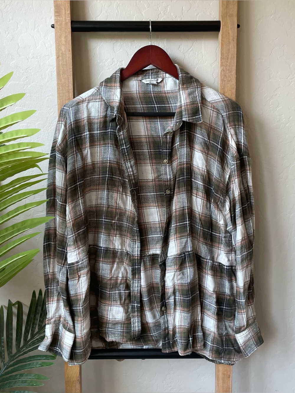 American Eagle Outfitters Plaid Button-Down Shirt in Olive and Brown